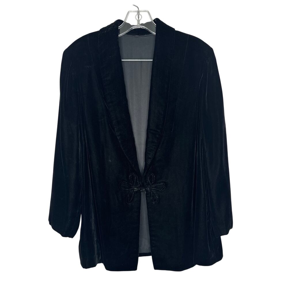 Vintage 1990s Black Velvet Open-Front Blazer Jacket decorative frog closure M